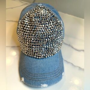 Rhinestone-Studded Hat Distressed Denim Baseball Cap